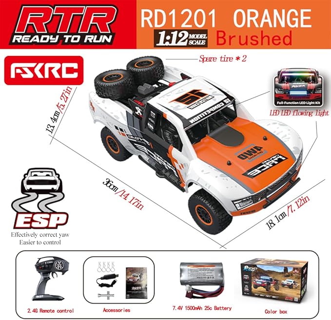 1/12 RD12 RC Drift Car 4WD Full-Proportional Brushed Racing Car with Gyroscope and 7-Color LED Lights Remote Control Truck Gift for Adults (Orange)