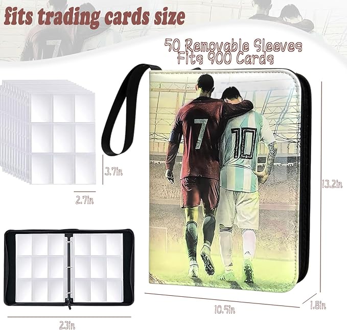 Soccer Card Binder - 900 Capacity 9-Pocket Trading Card Album 3 Ring Card Holder Binder Waterproof PU Leather Zip Closure Perfect Christmas Birthday Gift for Kids &amp Collectors