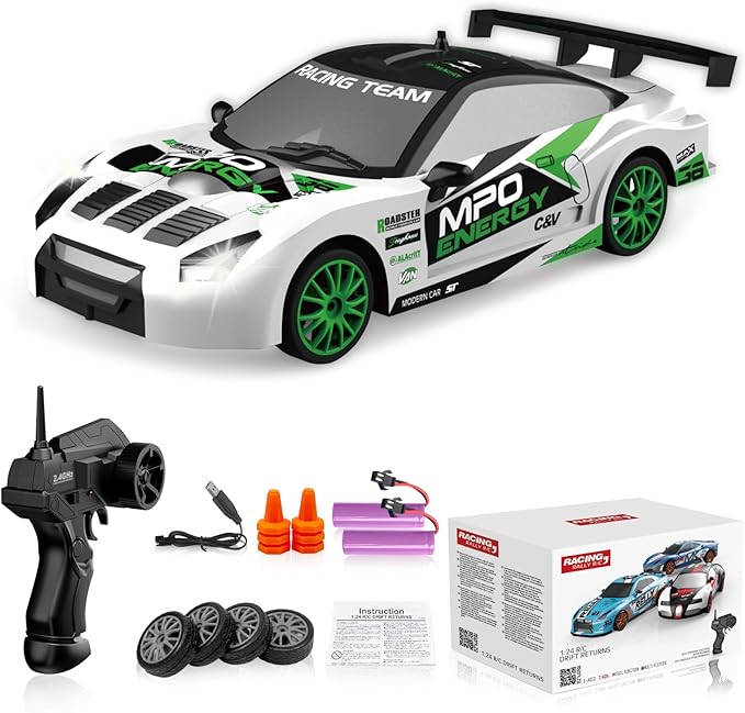 RC Drift Car Remote Control Car 2.4GHz 1:24 Scale 4WD 15KM/H High Speed Model Vehicle LED Lights Drifting Tire Racing Sport Toy for Adult Boys Girls Kids Gift 2Pcs Rechargeable Batterie