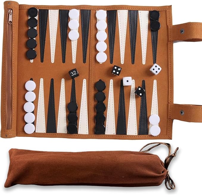 Backgammon Game Set - Lightweight Roll Up Travel Backgammon Set Portable Chess with Drawstring Bag for Adults 2-Player Ideal for Travel Camping Backpacking Trips