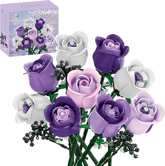 ENJBRICK Pink &amp Purple Roses Flower Bouquet Building Set 615Pcs Everlasting Botanical Collection Compatible with Lego for Adults Aesthetic Home Decor &amp Romantic Gift for Women Anniversary