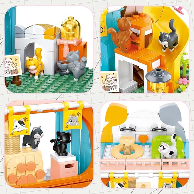 Cat House Building Set Animal Playground Crossing Toy with 8 Cats and a Doll Minifigures Compatible with Lego Friends Pet Sets Easter Gift Idea for Girls Kids Aged 6-12