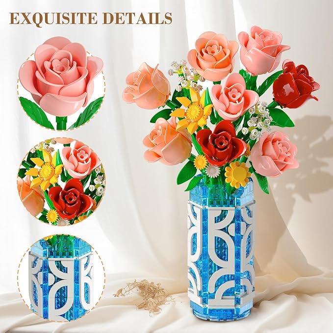 14 Flowers Bouquet Building Set with Vase and LED Light Easter Gifts for Family Friends 747 PCS Mini Roses Flower Building Blocks Toy Artificial Roses Flowers Home Decor &amp Display