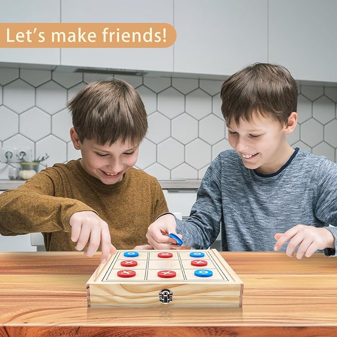 4 in 1 Wooden Fodable Fast Sling Puck Game Set – Chess Tic Tac Toe Checkers Board Game for Kids &amp Adults Portable Tabletop Family Toy for Travel &amp Game Night