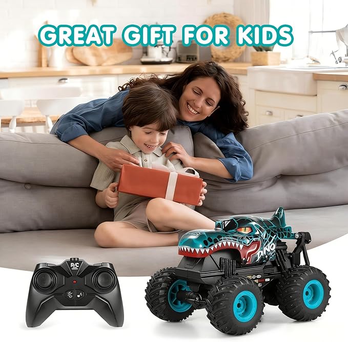 DYODYORC Remote Control Car 2.4Ghz All Terrain Dinosaur Monster Truck Toys RC Truck with Music 3 Lighting Effects 360 Stunt Capable 2 Batteries Ready to Run Toy Gifts for Boys and Girls (Cyan)