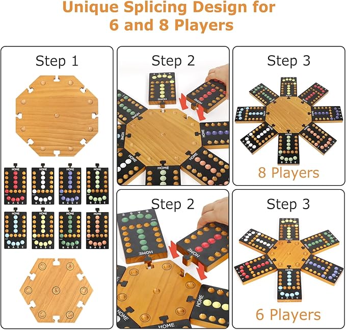 Marble Board GameWooden Board Game for 6-8 PlayersPortable Design Marble Game with 32 Marbles 16 Dice Family Game Night Gift for Kids &amp Adults