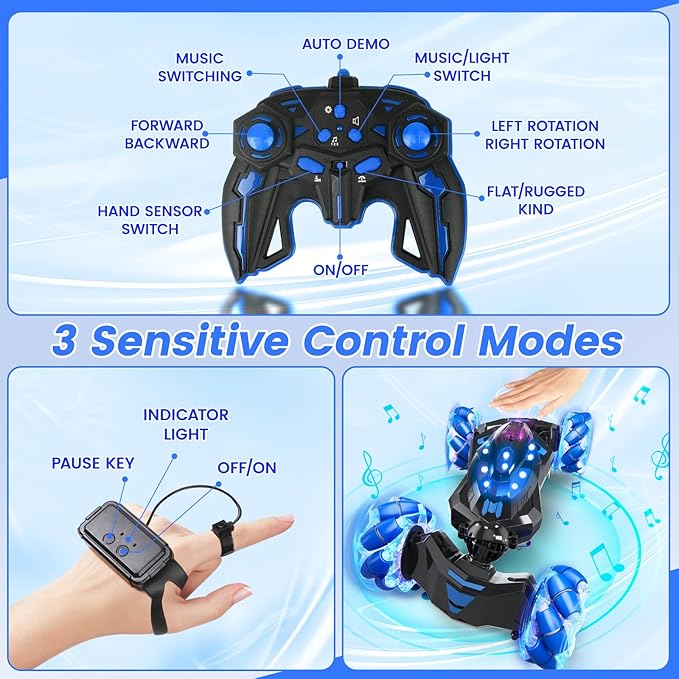 Gesture Sensing RC Stunt Car4WD Drift Hand Controlled 360° Flips Trick Car with Lights &amp Music Toys car is Cool Birthday Gift for Kids Ages 7-12