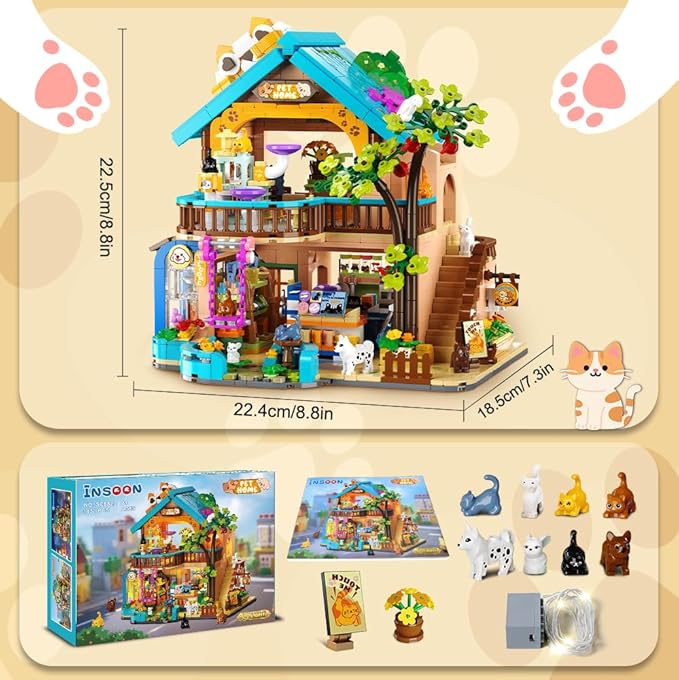 City Pet Shop Building Set with Lights Cozy Pet Store Construction Toy with Cats Dogs Cute Animal Store Miniature House Model Building Block Kit for Adults Kids Boys Girls Ages 8-12+