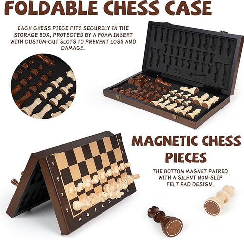15 Magnetic Wooden Chess Set for KidsAdults &amp Beginners with 3 King &amp 2 Extra Queens – Portable Folding Travel Chess Board with Storage – Classic Strategy Game