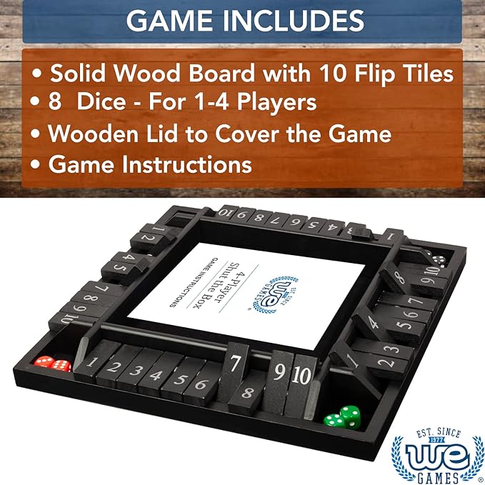WE Games Shut The Box Board Game - Classic 4 Player Wooden Table Top Dice Game for Family Game Night Black Stained Wood 14 in. 10 Numbers Classroom Play or Bar Fun for Adults