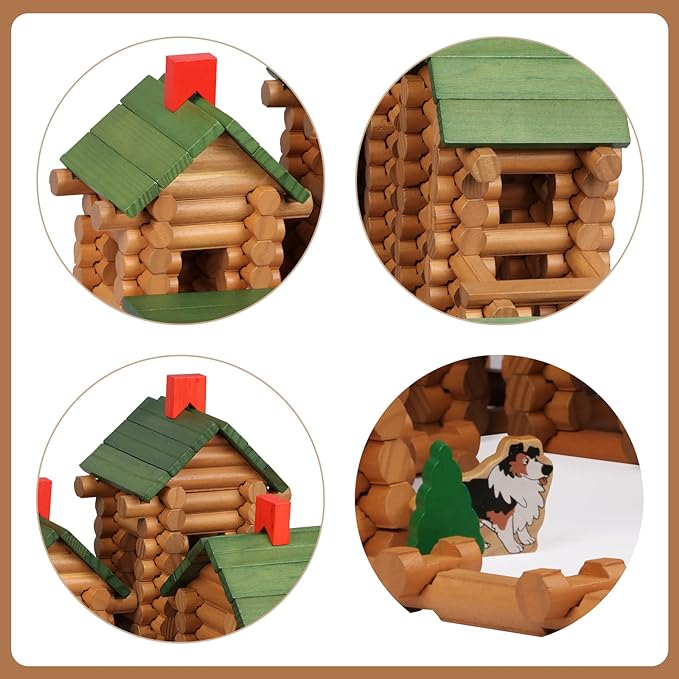 Wondertoys 530 Pcs Wooden Logs Set Ages 3+ Classic Building Log Toys for Kids Creative Construction Engineering Educational Gifts