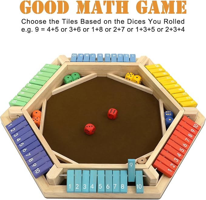 Shut The Box Game 1-6 Players Wooden Board Dice Game with 14 Dice for Kids and Adults Classical Tabletop Math Strategy Game for Family Home Classroom Pub