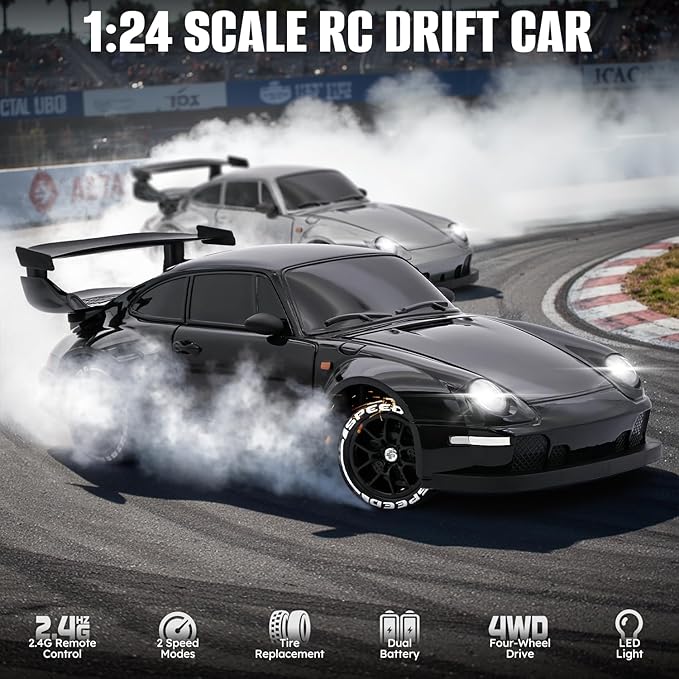 RC Drift Car1:24 Scale Remote Control Car 2.4GHz 20KM/H 4WD High Speed RC Cars for Kids with LED Light Two BatteriesDrifting TiresRacing Vehicle Toy for Adults Boys Girls Black
