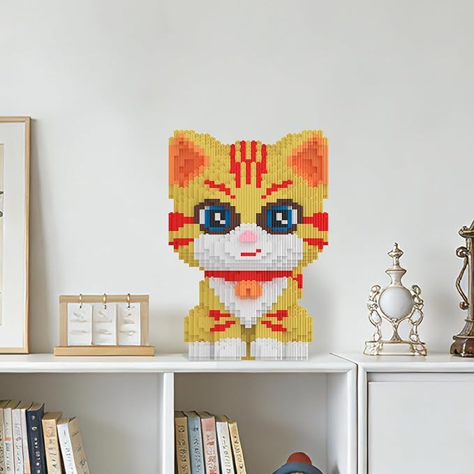 Cat Building Blocks with Organizer Bins | Yellow | Micro 3D Animal Building Blocks | 3000PCS | Gift for Adults and Kids | Home &amp Office Decor | RQ8889