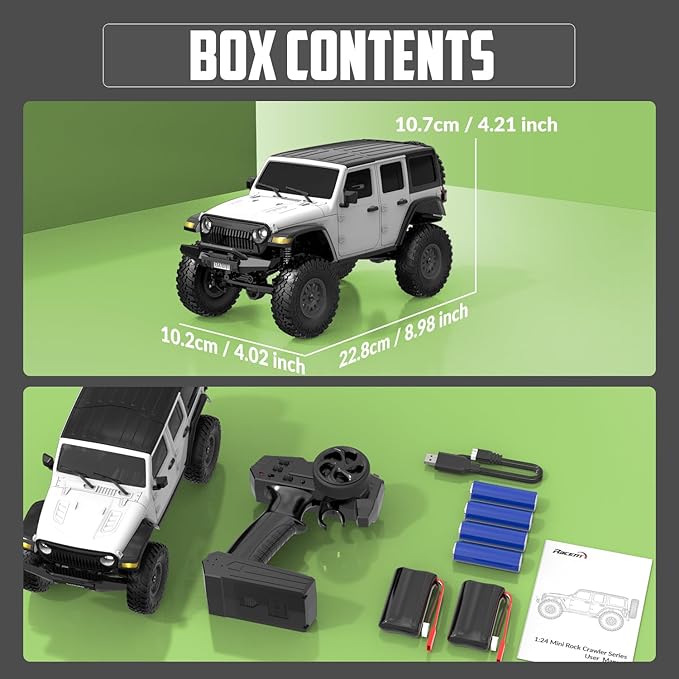 RACENT 1/24 RC Crawler 4WD Off Road All Terrain RC Monster Truck Rock Climbing with led Light Waterproof Hobby Grade Toys with 4 Batteries for Adults (White)