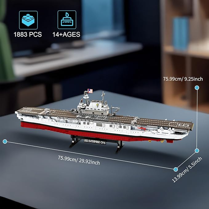 Military Battleship Building Set for Adults Boys 14+ World Class USS CV-6 Enterprise Battleship Collectible Display Model Large Warship Building Set Birthday Gifts (1883 Pieces)