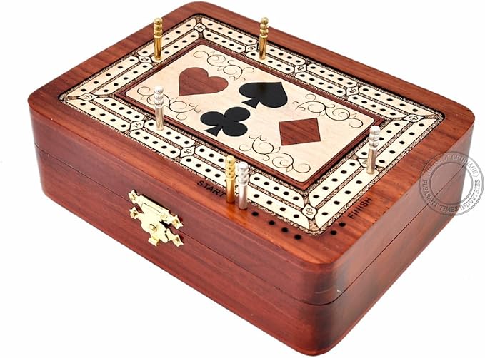 House of Cribbage - 2 Track - Wooden Cribbage Board/Box - Inlaid in Bloodwood/Maple Wood - Storage for Pegs &amp One Deck of Cards - 60 Points - Non Continuous