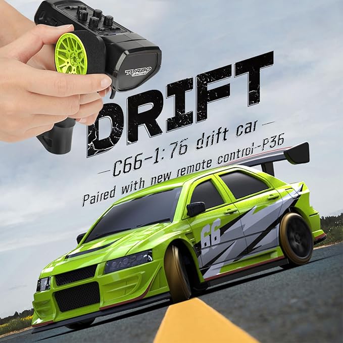 Turbo Racing 1:76 Scale Drift RC Car with Gyro Mini Full Proportional RTR 2.4GHZ Remote Control with 2 Replaceable Body Shell (C66-Green)