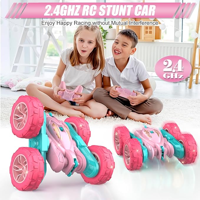 Pink Remote Control Car for Girls2.4 Ghz Double Sided RC Cars 360° Rotating Remote Control Crawler with USB-C Easy Charging Car Toys for 4 5 6 7 8 9 10 Girls Birthday Gift Grandkids