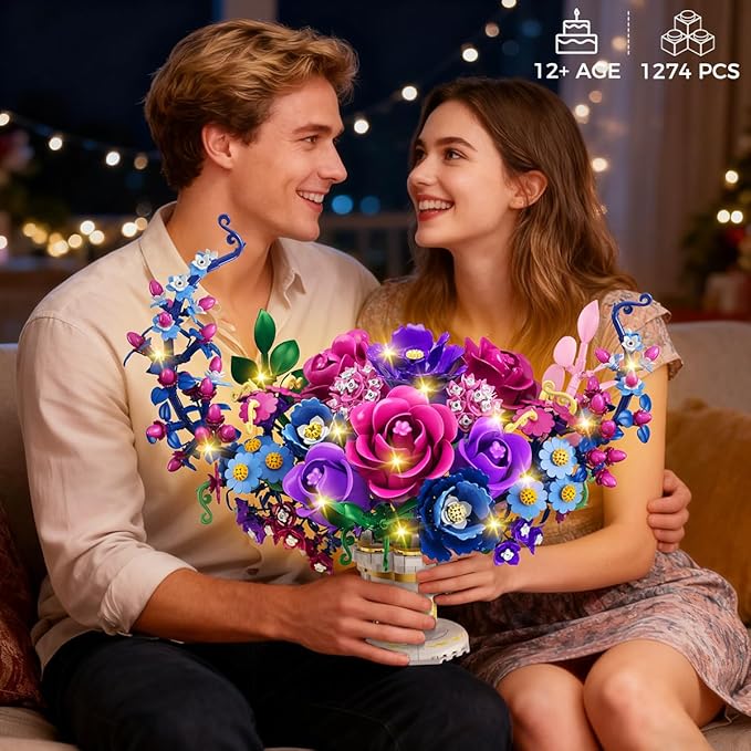 Moon Flower Bouquet Building Set with Lights Valentines Day Flowers Botanicals Building Block Kit 1274 PCS Bonsai Plant Collection Home Decor Gift for Her Adults Women Boys Girls 12+
