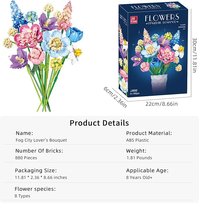 Spring Flowers Bouquet Building Set Botanicals Collection Artificial Flower Rose Peony Narcissus Balloon Flowers Flower Arrangement Art Home Decor Gift for Girls Women