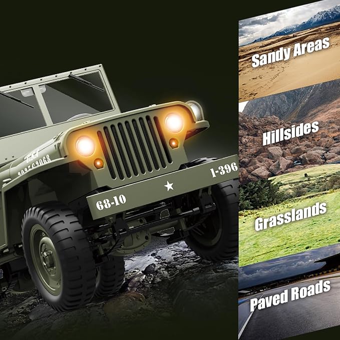 RC Crawlers 1:10 Scale New Upgrades D888 Willys Military Jeep 2.4Ghz 4WD Off Road Rock Crawler Vehicle with Lights All Terrain Electric RC Jeep Toy for Adult Teens