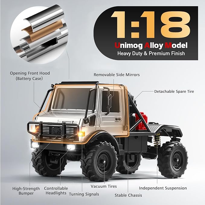 MN-333 1/18 Semi-Truck RC Crawler Unimog U4000 4WD Full Scale Off Road RC Rock Crawler 4x4 RC Car RTF Alloy Climing Vehicle for Hobby Gifts