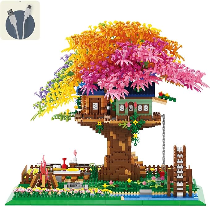 Rainbow Flowers Building Block with LightSakura Cherry Blossom Bonsai Tree House Construction Set4451 PCS Mirco Blocks Architecture for Adults and Teens