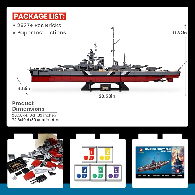 JMBricklayer Battleship Building Block Set for Adults 2537 PCS Large Bismarck Military Warship WWII MOC Battle Ship Boat Model 60015 for Home Office Decor Army Toy Gifts for Men Boys 14+