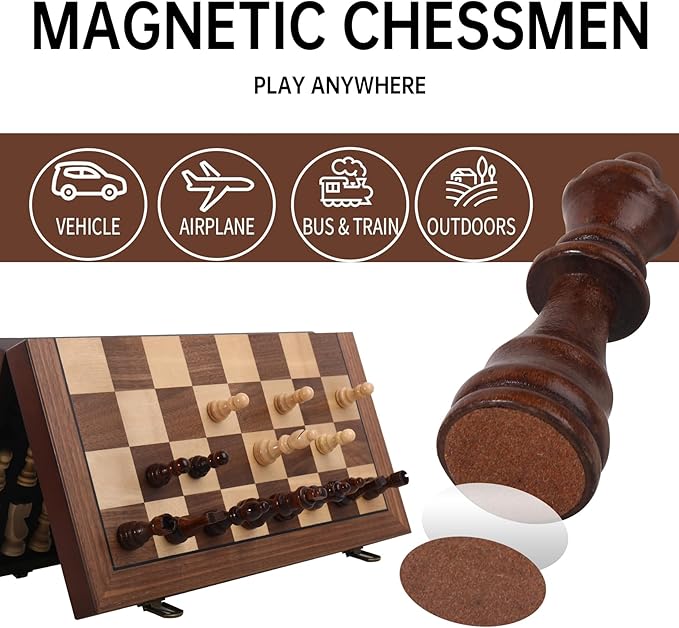 Magnetic Wooden Chess Set 15'' Folding Chess Board Portable Travel Chess Set Games with Chessboard Bag Beginner Chess Set for Tournament Professional Beginner