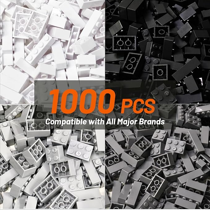 1000 Piece Blocks for Building Classic Bulk 2x4 Basics Bricks Building Set Compatible with All Major Brands Creative STEM Building Toys for Kids Ages 4 5 6 7 8 (Black &amp Gray &amp White)