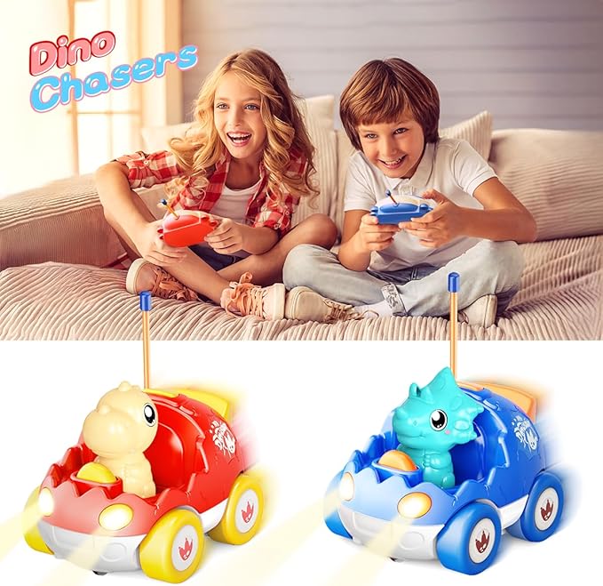 2 Pack Dinosaur Remote Control Cars Toys for Kids 2 3 4 5 Years Old Easter Present Birthday Gifts for Boys and Girls Ages 2-5 Dino Race Car Toddlers Toys with Music and Light(Red Blue)