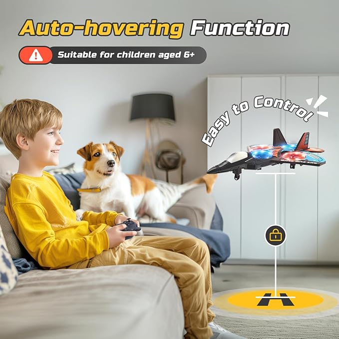 Foam RC Plane Drone for Kids Remote Control Airplane Fighter Jet with LED Light Auto Hover 360°Flip 2 Batteries (16 Mins Flight) Easy to Fly for Beginners