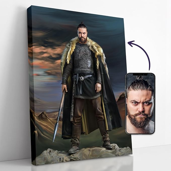 Turn Me Royal Custom Portrait from Photos Personalized Norse Portrait Canvas Wall Art as Unique Birthday Viking Gift for Men Turn Him into Superhero (The King of Vikings 12 x 16)