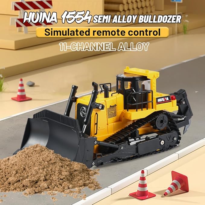 HUINA 1554 1/16 Scale Remote Control Bulldozer 2.4GHz 11CH RC Construction Vehicle with Lights &amp Sound Toy Electric Toys for Kids 8+ Years Old