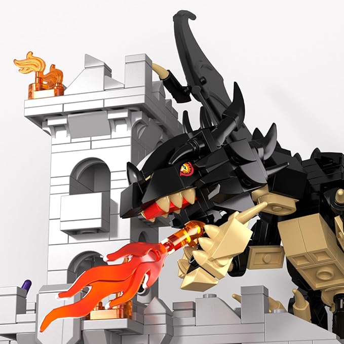 Dragon Building Set with Dice Tower 919 PCS Flaming Medieval Castle Building Blocks Set Fantasy Model Kit Home Decor Birthday Gift for Adults Teens Kids Boys 8+