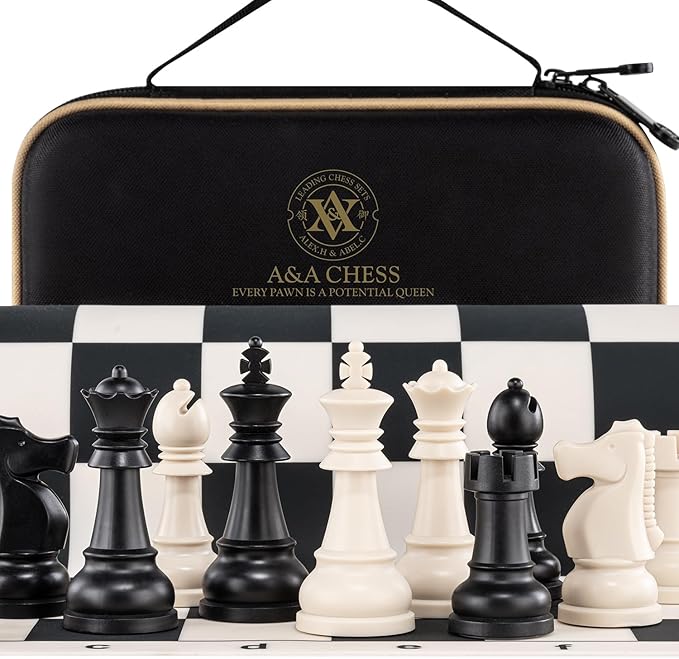 A&ampA Chess Set - 15''x15'' Foldable Silicone Chessboard and 3.25'' King Height Weighted Plastic Staunton Pieces with Carrying Case for Portable Travel