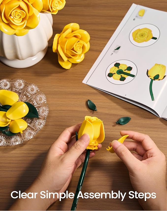 iATOM Yellow Rose Bouquet Building Set 12Pcs Flowers Botanical Collection Kit for Adults Valentine's Day Gift for Her/Girlfriend/Mom/Wife/Couple Modern Home Office Table Centerpiece Decor Aesthetic