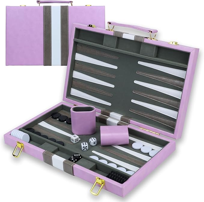 Backgammon Sets for Adults 15 inch Backgammon Purple Sets Classic Board Game with Premium Leather Case Portable Travels Strategy Backgammon Game Set for Adults Kids (Purple)