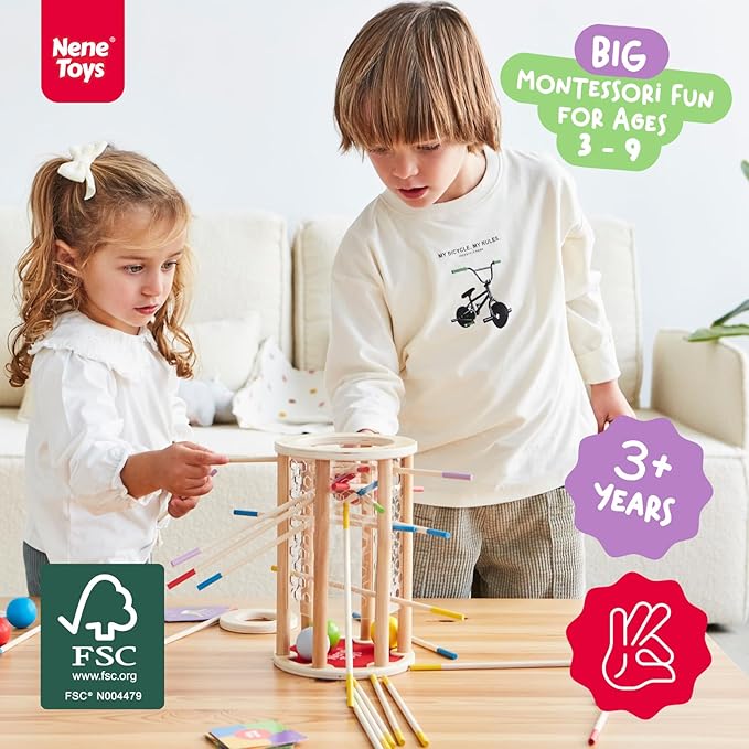 Nene Toys BALLFALL Jumbo – Montessori Wooden Board Game for Kids 3 4 5 6 Years – Colorful Sticks Dice &amp Cards – Fine Motor Skills Toy Math &amp Counting Game – Educational Gift for Boys Girls A