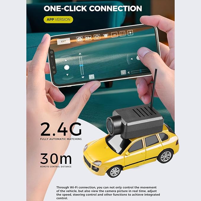 Mini RC Drift Car 1:64 Scale Mini RC Car with Camera and Radio Transmitter 2.4GHz Transmitter and APP Controlled Toy Vehicle with HD Magnetic Camera LED Lights Fun Toy for (Yellow)