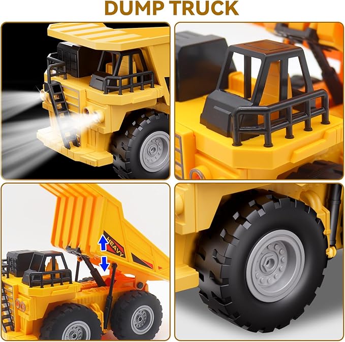 RC Excavator and Dump Truck Toy Set for Kids - 11 Channel Remote Control Construction Vehicle with Lights and Sounds Music 2.4Ghz Rechargable Digger Car Gifts for Boys Kids Ages 6-8