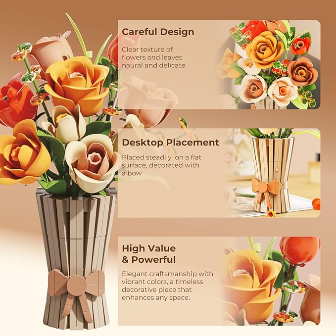Bagari Roses Bouquet Building Set - Artificial Flowers Building Blocks with Vase Compatible with Lego Kit for Adults - Collection for Home Office Decor Gifts for Women Men Birthday Anniversary 868PCS