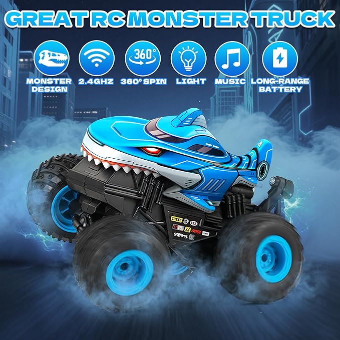YongnKids Remote Control Car Shark Monster Trucks for Boys Age 4-7 2.4Ghz Rchargeable Rc Car with Music &amp Light360° Rotating Stunts RC Truck Toy for Kids 3-5 6 7 8-12 Birthday Easter Gift
