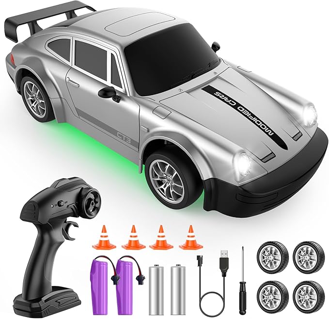 RC Drift Car 1:24 Scale Remote Control Car with LED Lights 20KM/H 4WD High Speed RC Cars Racing and Drifting Dual-Mode Toy Car Idea Gift for Adults and Kids Silver
