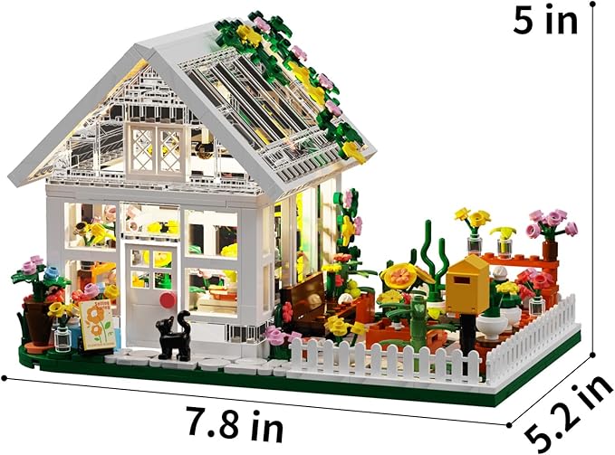 Flower House Building Mini Set with LED City Street View Greenhouse Building Blocks Toy Valentine Xmas Gift for Friends or Girls 8-12 Year