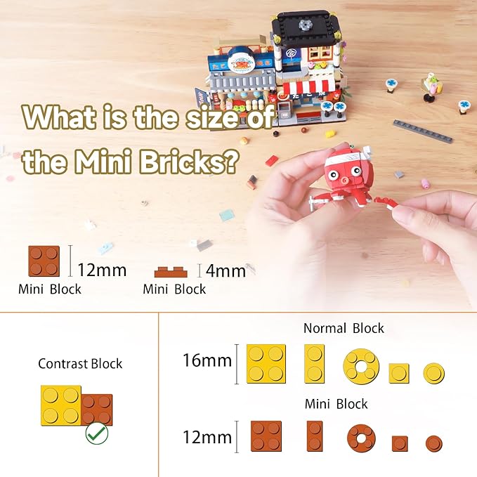Japanese Street View Takoyaki Shop Mini Building Blocks MOC Creative Japanese Toys for Girls 6-12 Years Old 722 Pcs Simulation Architecture Construction Toy Gift Idea for Kids Adults