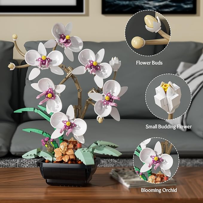 Orchid Flowers Bouquet Building Set Botanical Collection Artificial Plant for Home Décor Ideal Gifts for Christmas Mother's Day Anniversary Birthday