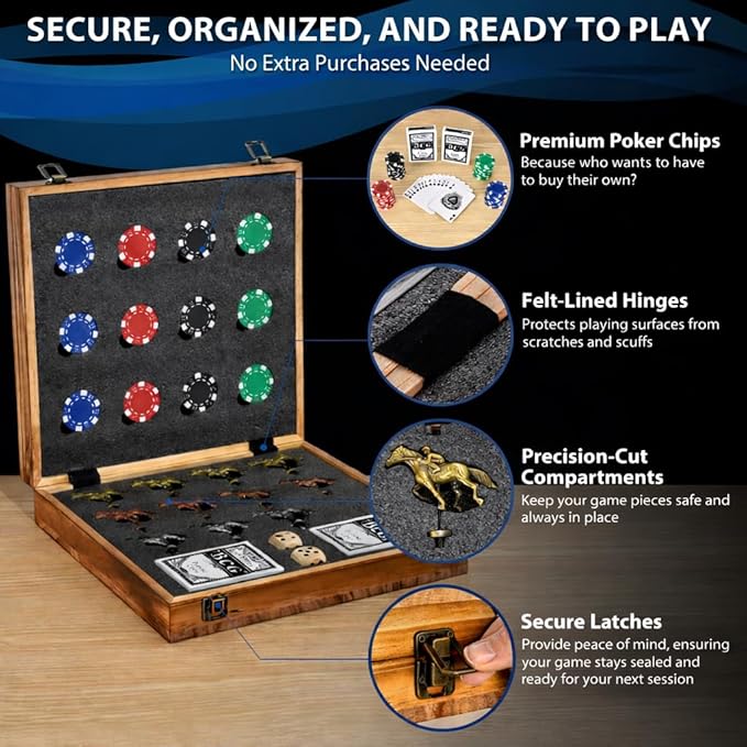Horse Racing Board Game - 23x12 - Derby Classic Horse Race Game with 11 Metal Horses - Foldable Wood Horse Game with Dice Premium Chips &amp 2 Packs of Cards - Rustic Brown
