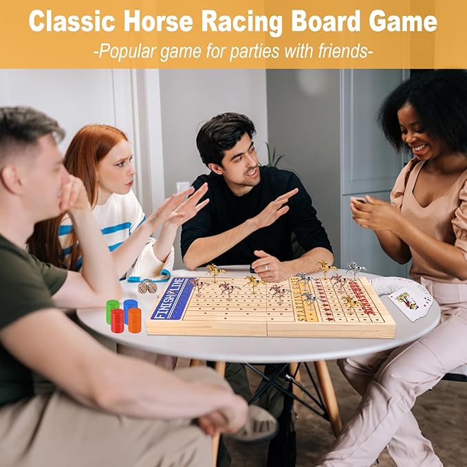 Horse Racing Board Game Foldable Wood Horse Race Game with 11 Metal Horses 2 Dice 2 Decks of Cards and 120Pcs Chips for Friends Adults Family Party Game Night